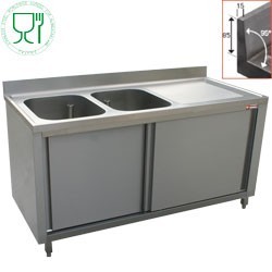 Plonge 2 cuves 600x500x325 égouttoir droit sur armoire 2 portes coulissantes