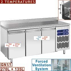 Table frigorifique, 2 témperatures "murale", ventilée, 3 portes GN 1/1, 405 Lit.