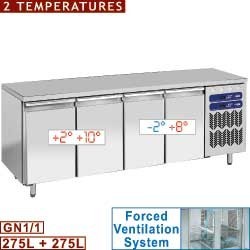 Table frigorifique, 2 témperatures, ventilée, 4 portes GN 1/1