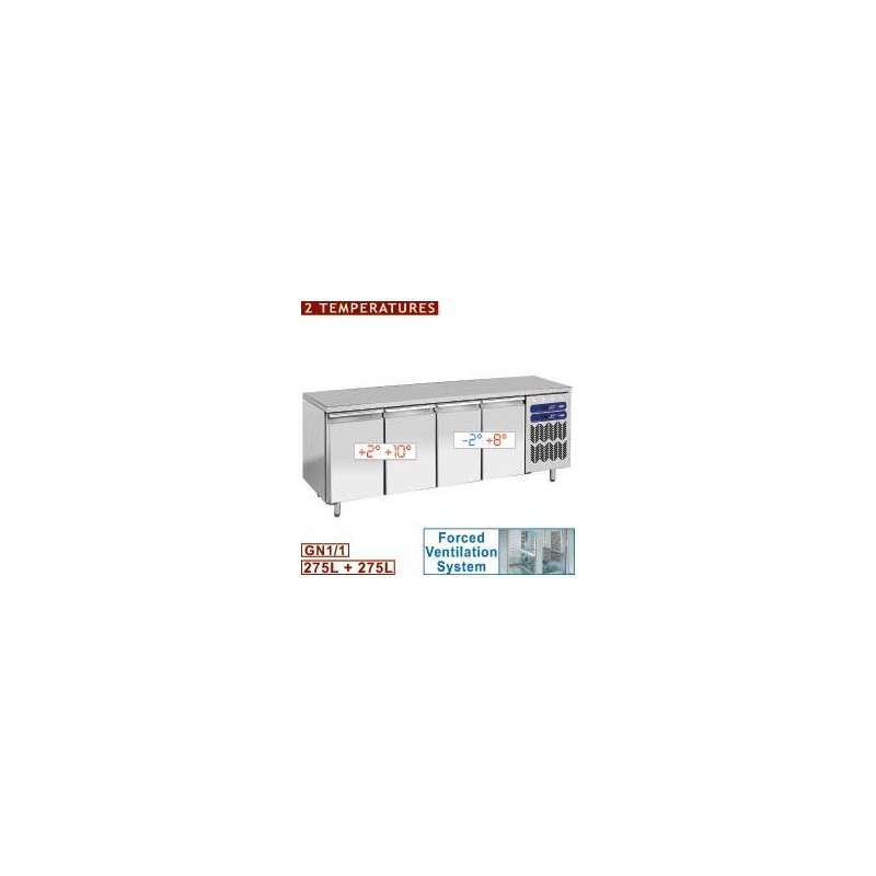 Table frigorifique, 2 témperatures, ventilée, 4 portes GN 1/1