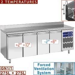 Table frigorifique, 2 témperatures "murale", ventilée, 4 portes GN 1/1, 550 Lit.