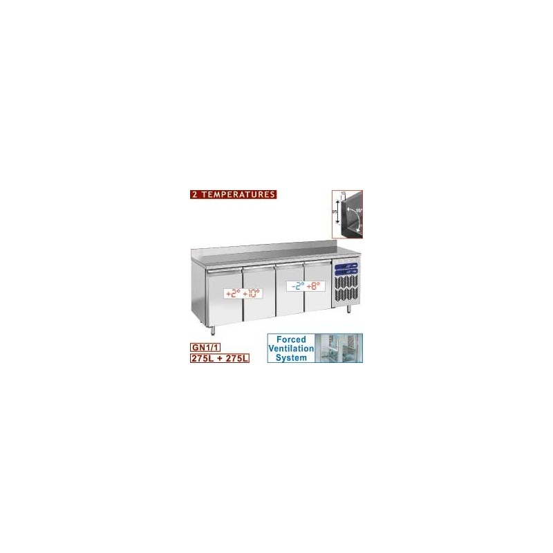 Table frigorifique, 2 témperatures "murale", ventilée, 4 portes GN 1/1, 550 Lit.