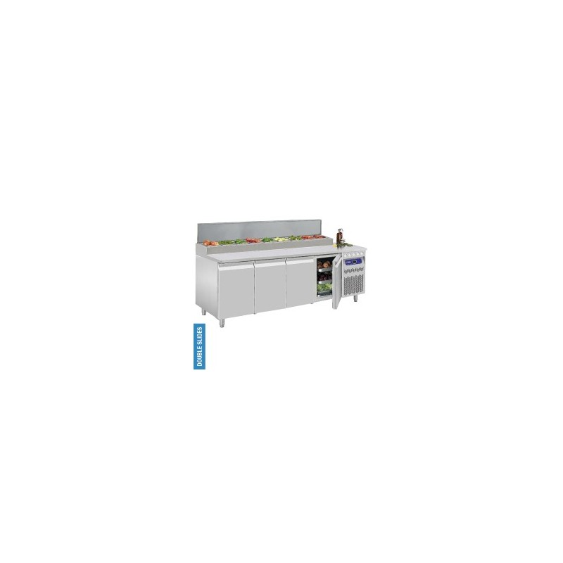 Table frigorifique ventilée, 4 portes GN 1/1, 550 litres & structure réfrigérée 10x GN 1/6 Table frigorifique ventilée, 4 portes GN 1/1, 550 litres & structure réfrigérée 10x GN 1/6