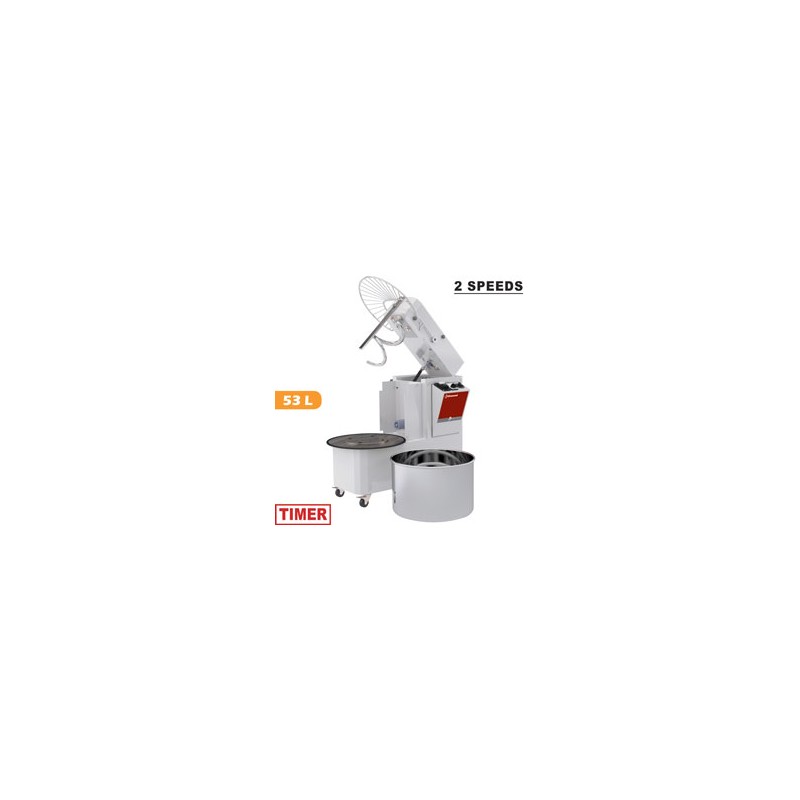 Pétrin à spirale 53 Litres tête relevable, cuve amovible, 2 vitesses, timer, sur roues Pétrin à spirale 53 Litres tête relevable, cuve amovible, 2 vitesses, timer, sur roues