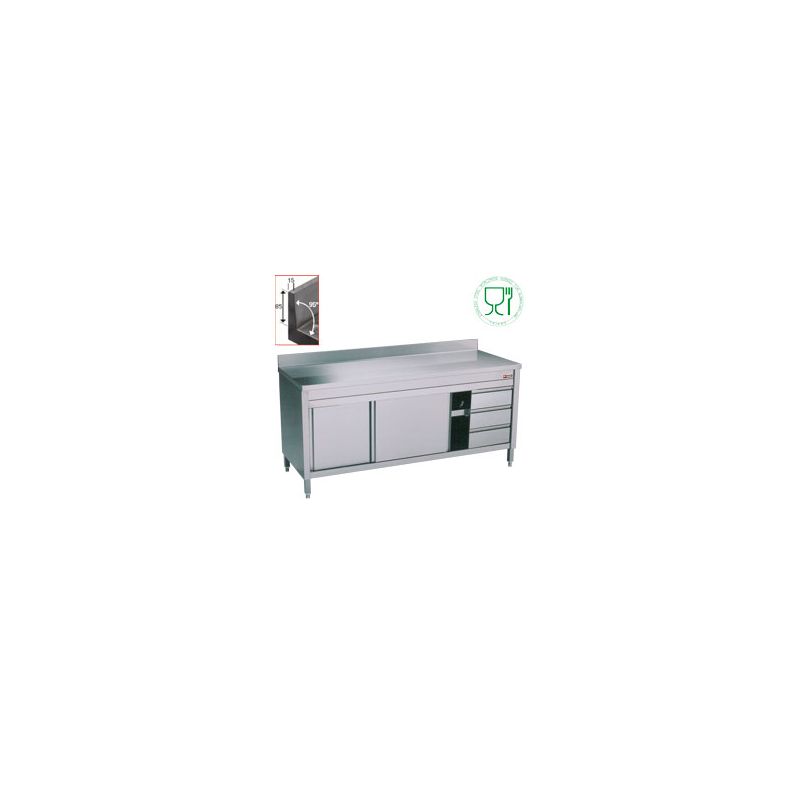 Table sur armoire neutre et 3 tiroirs à droite / logo stainless steel worldwide agreed for alimentation Table sur armoire neutre et 3 tiroirs à droite / logo stainless steel worldwide agreed for alimentation