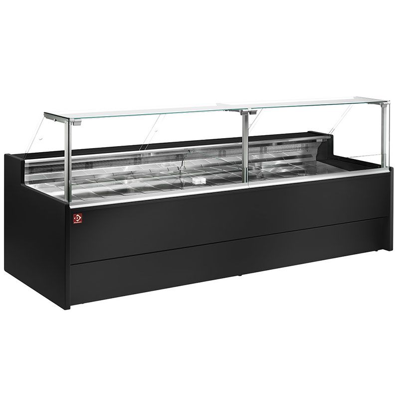 Comptoir vitrine réfrigéré à vitre droite 90° sur pistons, ventilé, avec réserve - NOIR Comptoir vitrine réfrigéré à vitre droite 90° sur pistons, ventilé, avec réserve - NOIR