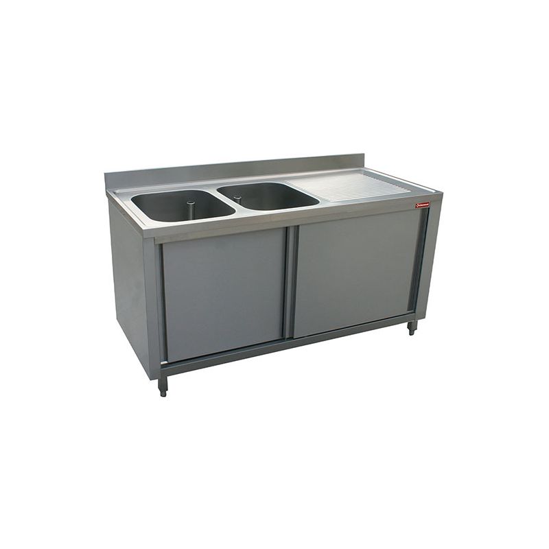 Plonge 2 cuves 400x500x275 égouttoir droit sur armoire 2 portes coulissantes Plonge 2 cuves 400x500x275 égouttoir droit sur armoire 2 portes coulissantes
