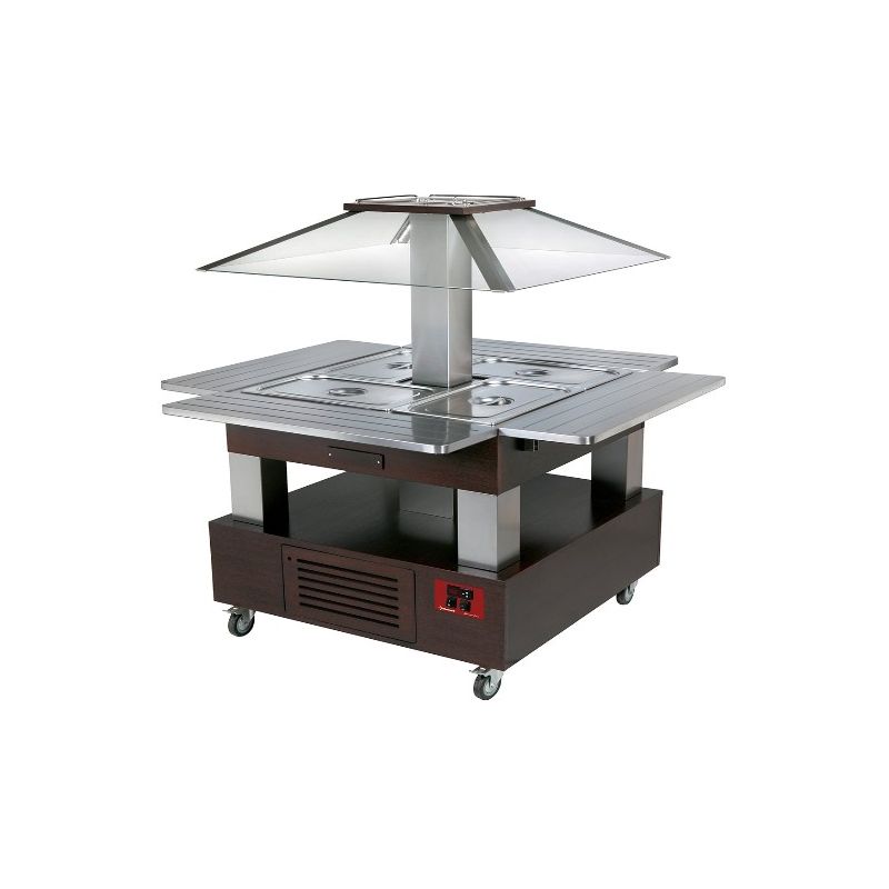 Ilot buffet chauffant, bain marie, 4x GN1/1-150 (Bois Wengé)