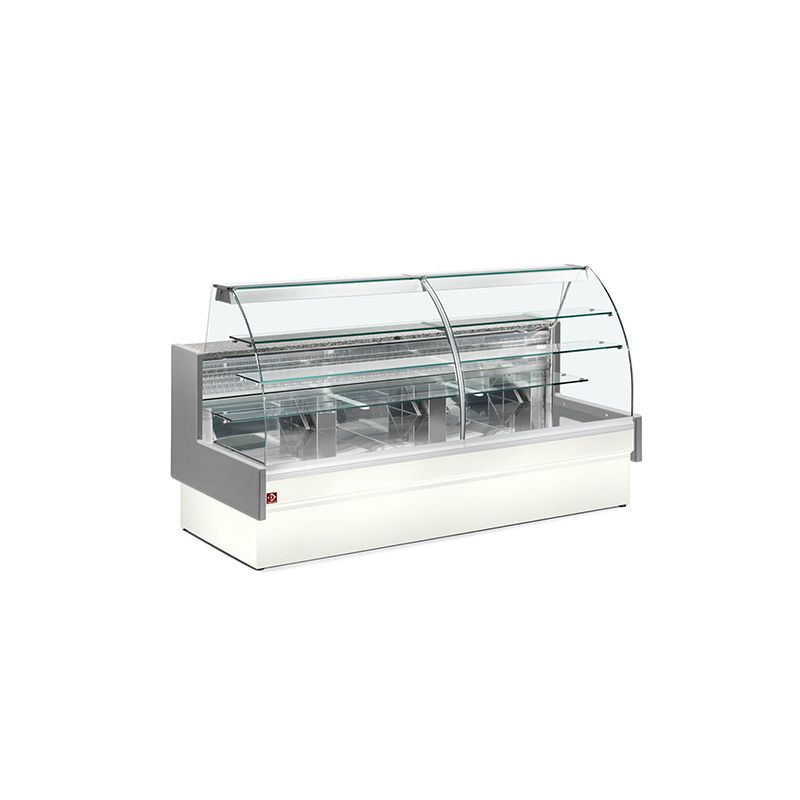 Comptoir Vitrine Réfrigéré, Statique, Chargement à Tiroirs, Vitre courbe, sans Réserve - GRIS/BLANC Comptoir Vitrine Réfrigéré, Statique, Chargement à Tiroirs, Vitre courbe, sans Réserve - GRIS/BLANC