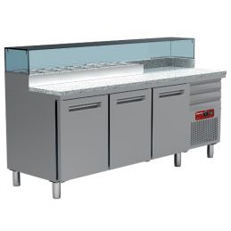 Table frigo pizzeria, 3 portes EN 600x400, 3 tiroirs neutres EN 600x400, structure réfrigérée 8x GN 1/4