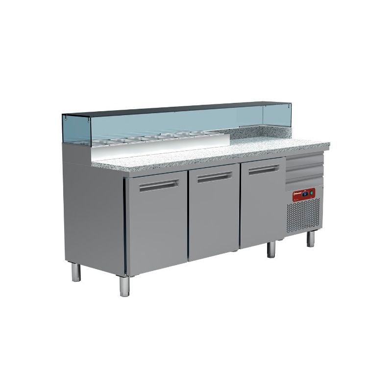 Table frigo pizzeria, 3 portes EN 600x400, 3 tiroirs neutres EN 600x400, structure réfrigérée 8x GN 1/4 Table frigo pizzeria, 3 portes EN 600x400, 3 tiroirs neutres EN 600x400, structure réfrigérée 8x GN 1/4