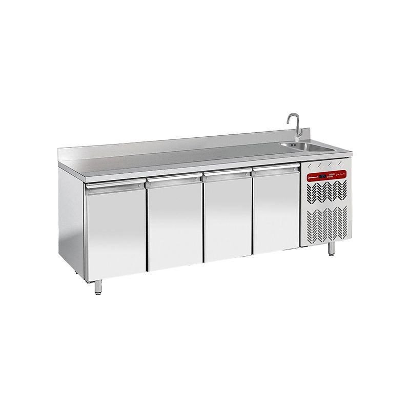 Table frigorifique "murale", ventilée, 4 portes GN 1/1, avec évier Table frigorifique "murale", ventilée, 4 portes GN 1/1, avec évier