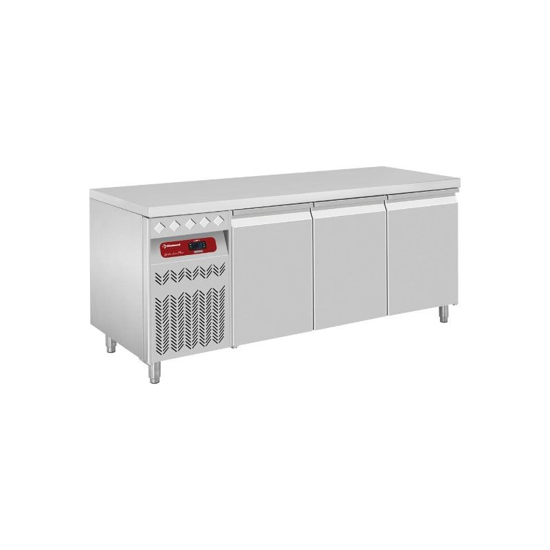 Table frigorifique ventilée, 3 portes GN 1/1, 405 litres, groupe a gauche Table frigorifique ventilée, 3 portes GN 1/1, 405 litres, groupe a gauche