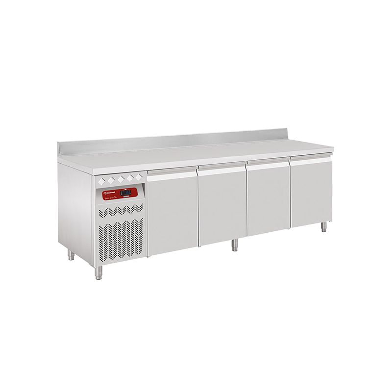 Table frigorifique "murale", ventilée, 4 portes GN 1/1, 550 Lit. groupe à gauche Table frigorifique "murale", ventilée, 4 portes GN 1/1, 550 Lit. groupe à gauche