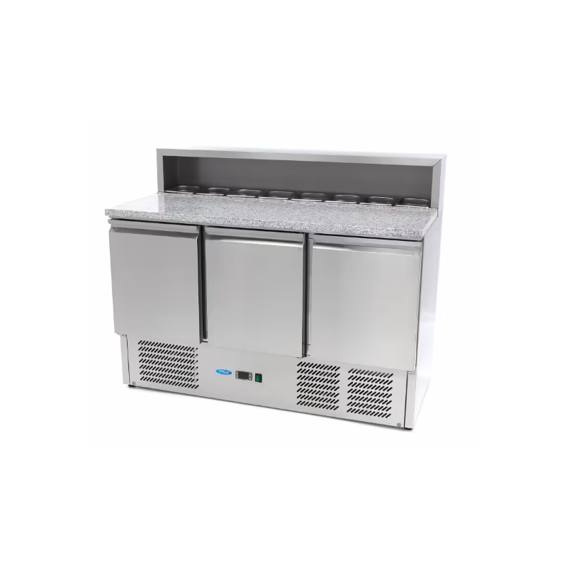 Réfrigérateur pour la préparation des pizzas - 137 cm - 3 portes - s'adapte à 8 x 1/6 GN - incl couvercle en acier inoxydable Réfrigérateur pour la préparation des pizzas - 137 cm - 3 portes - s'adapte à 8 x 1/6 GN - incl couvercle en acier inoxydable
