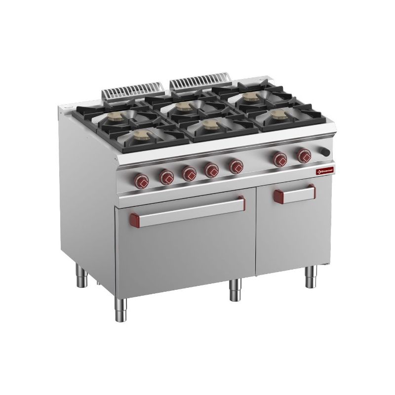 Fourneau 6 feux vifs, four gaz GN 2/1, armoire neutre Fourneau 6 feux vifs, four gaz GN 2/1, armoire neutre