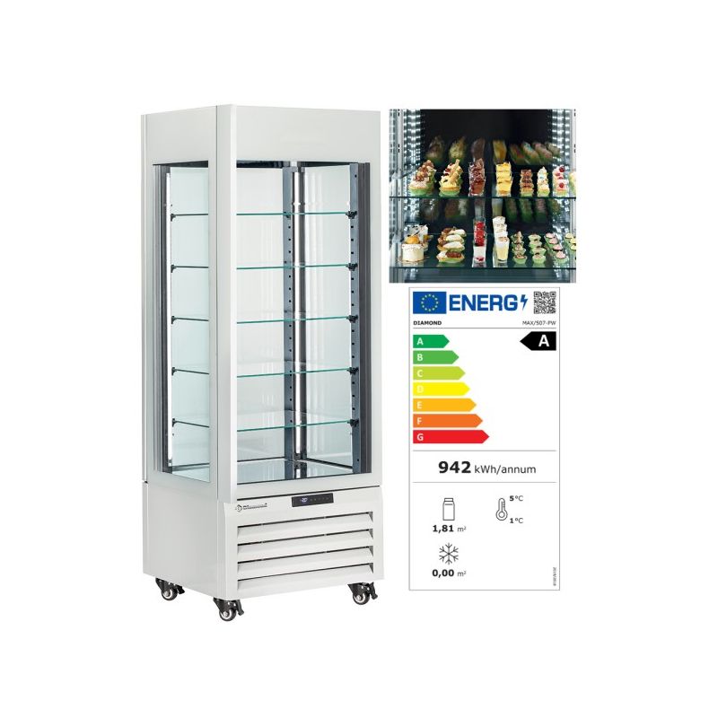 Vitrine "FULL vitrée" 440 Lt., 5 niveaux en verre, ventilée - PASTRY - BLANC Vitrine "FULL vitrée" 440 Lt., 5 niveaux en verre, ventilée - PASTRY - BLANC