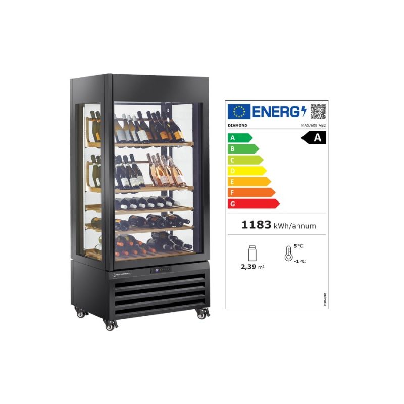 Vitrine "FULL vitrée" 600 Lt., 1 niveau + 4 étagères, ventilée - WINE - NOIR Vitrine "FULL vitrée" 600 Lt., 1 niveau + 4 étagères, ventilée - WINE - NOIR