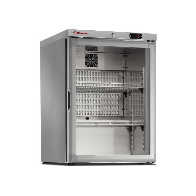 Frigo ventilé, porte vitrée, 150 Lit. acier inox