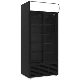 Vitrine ventilée positive, 783 litres, 2 portes coulissantes, avec caisson lumineux, NOIRE
