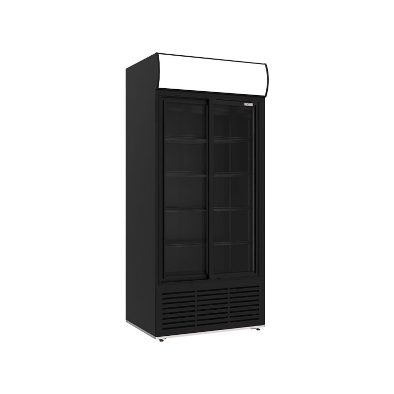 Vitrine ventilée positive, 783 litres, 2 portes coulissantes, avec caisson lumineux, NOIRE Vitrine ventilée positive, 783 litres, 2 portes coulissantes, avec caisson lumineux, NOIRE