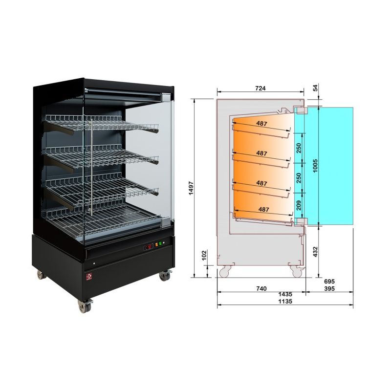 Vitrine chauffante, libre-service, avec porte vitrée, sur roues - FULL BLACK Vitrine chauffante, libre-service, avec porte vitrée, sur roues - FULL BLACK