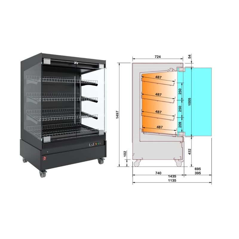 Vitrine chauffante, libre-service, avec porte vitrée, sur roues - FULL BLACK Vitrine chauffante, libre-service, avec porte vitrée, sur roues - FULL BLACK