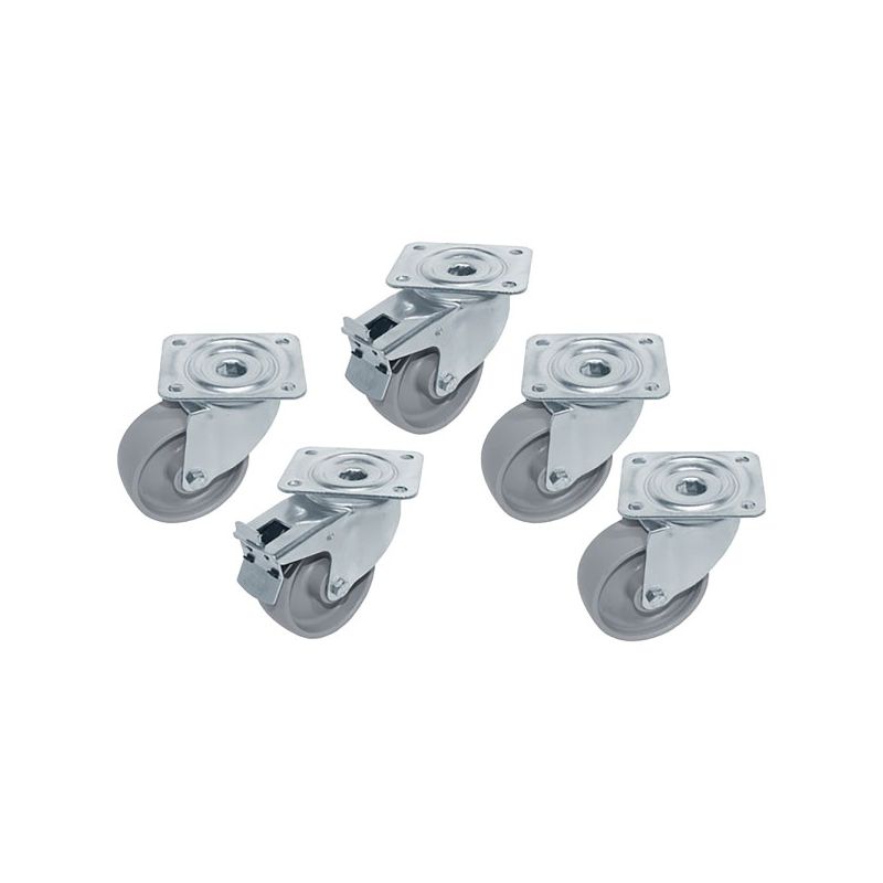 Kit 5 Roues inox pour tables, pivotantes, 2x avec freins Kit 5 Roues inox pour tables, pivotantes, 2x avec freins