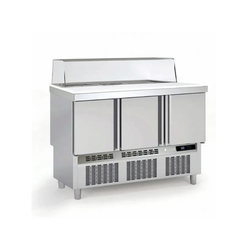 Saladette réfrigérée professionnelle inox 700 positive 3 portes avec pare-haleine en verre Saladette réfrigérée professionnelle inox 700 positive 3 portes avec pare-haleine en verre