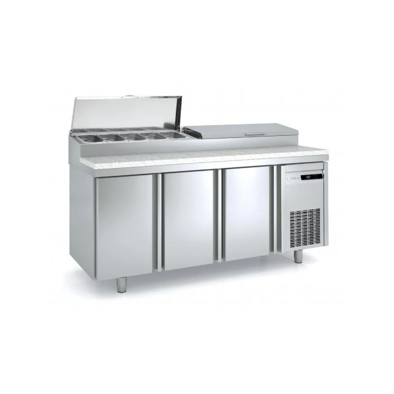 Saladette réfrigérée professionnelle 600 positive 3 portes pour bacs 1/4 Saladette réfrigérée professionnelle 600 positive 3 portes pour bacs 1/4