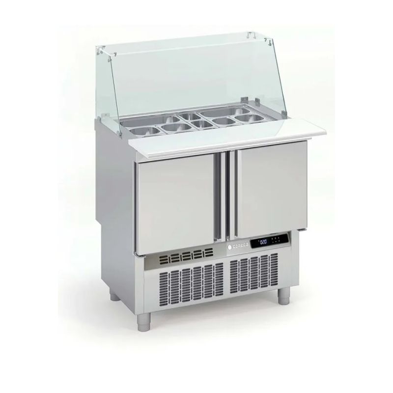 Saladette réfrigérée professionnelle inox 700 positive 2 portes avec pare-haleine 15 bacs gn1/6 Saladette réfrigérée professionnelle inox 700 positive 2 portes avec pare-haleine 15 bacs gn1/6