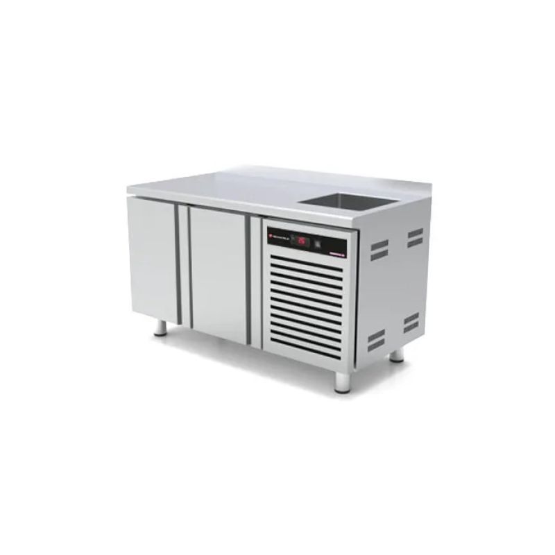 Desserte réfrigérée adossée inox positive avec 2 portes et évier - 1492x600x850 mm