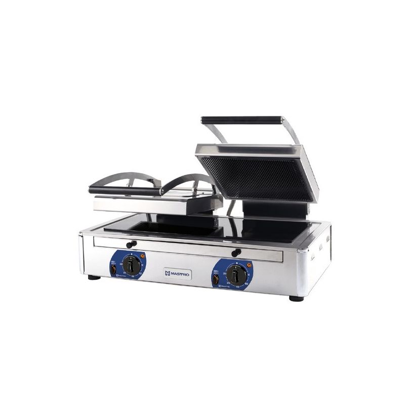 Gril de contact professionnel 2 plaques vitro lisse/rainurée 220x220 mm - 3400kw