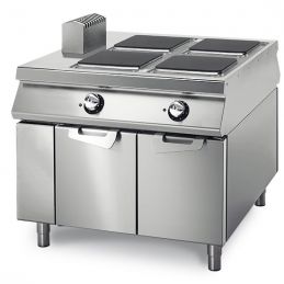 Cuisinière électrique avec 4 plaques sur coffre avec portes, tableau de contrôle sur deux côtés