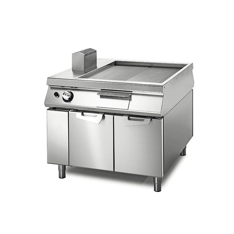 Fry-top gaz professionnel sur coffre avec portes et plaque mi-lisse mi-rainurée 900x735 - 14 000 w