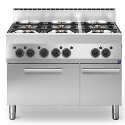 Cuisinière à gaz, 6 brûleurs, 1 four à gaz, 1 armoire fermée