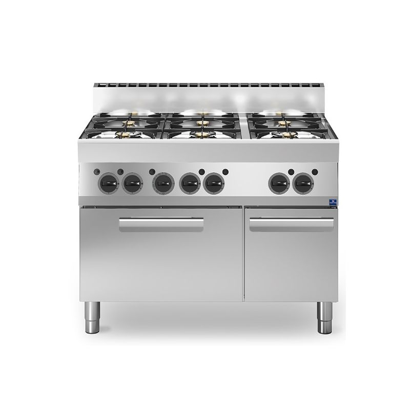Cuisinière à gaz, 6 brûleurs, 1 four à gaz, 1 armoire fermée Cuisinière à gaz, 6 brûleurs, 1 four à gaz, 1 armoire fermée