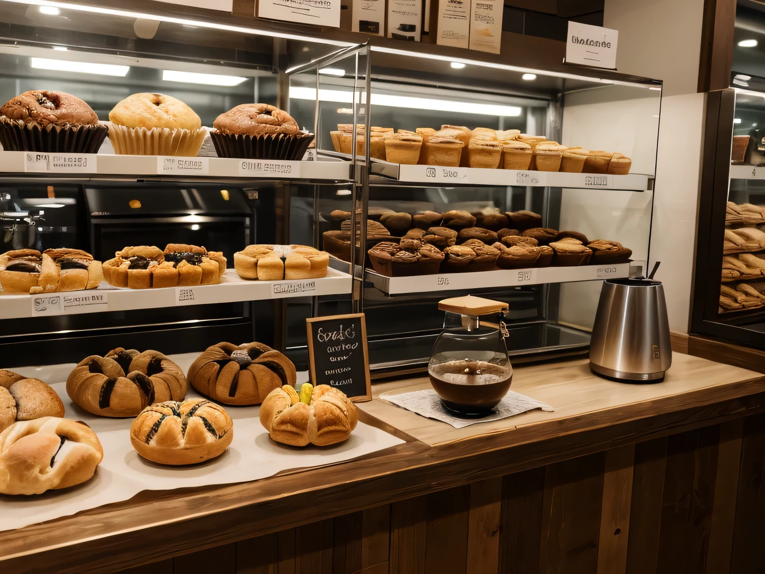 boulangerie avec du pain et des boissons chaudes