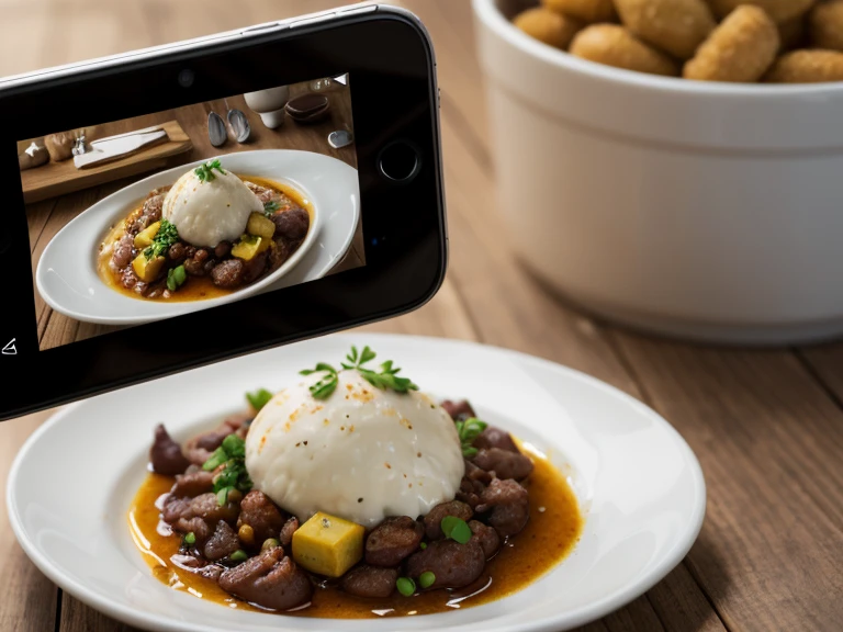 smartphone qui film un plat gastronomique (ia)