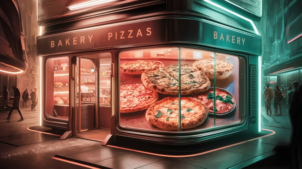 Boulangerie du futur qui vend du pain et des pizza