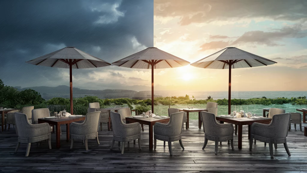 restaurant sous la pluie et sous le soleil pour la journée mondial des nuages