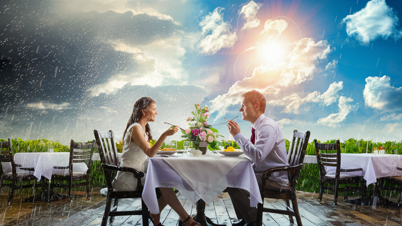 un couple dine au restaurant sous la pluie et le soleil