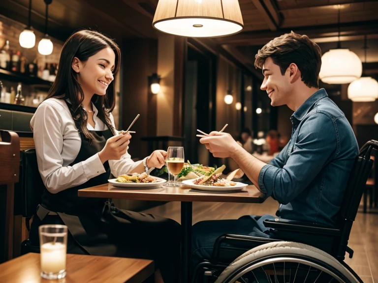 personne a mobilité réduite qui mange au restaurant