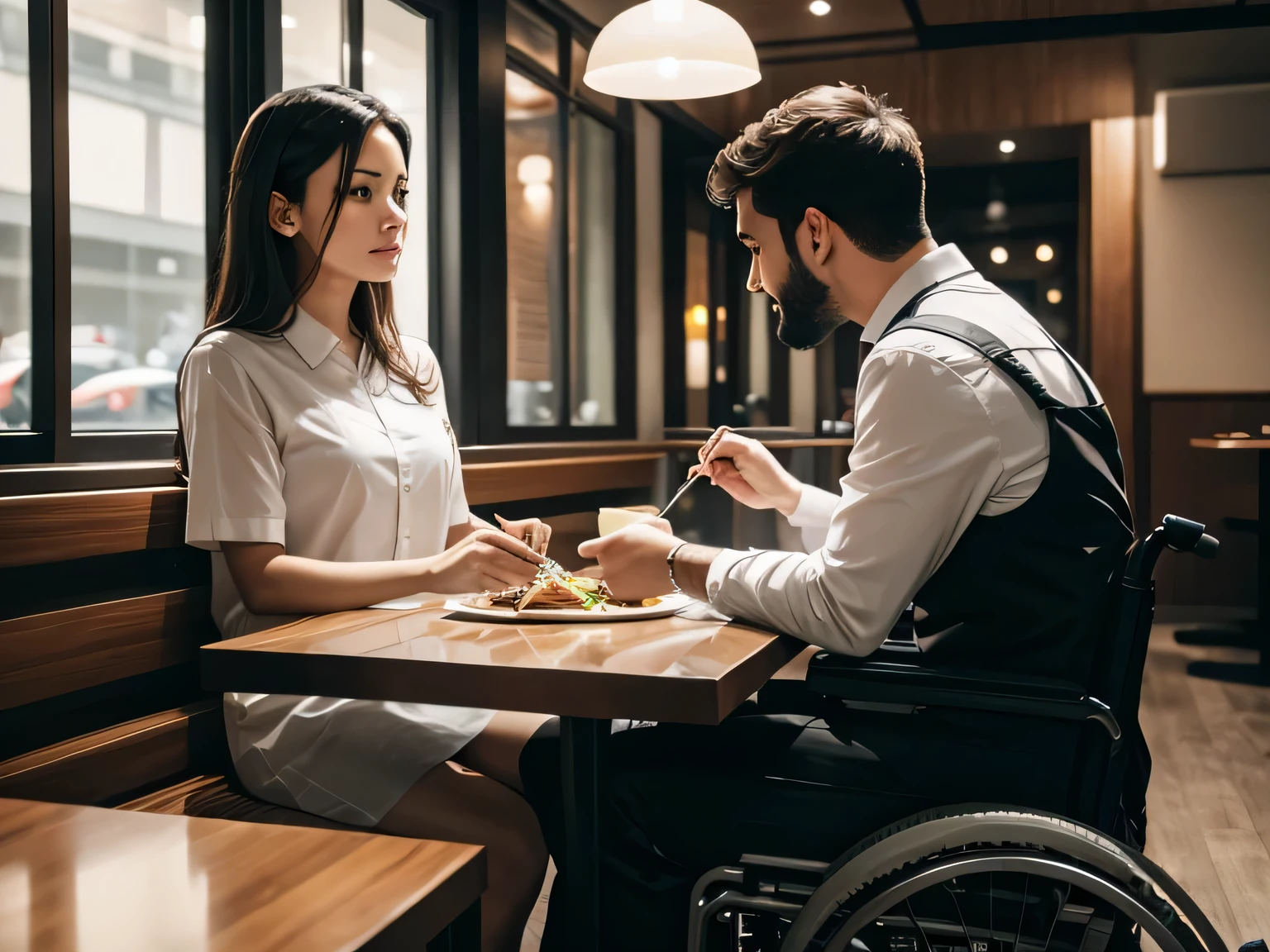 un couple mange au restaurant, le garçon est en chaise roulante