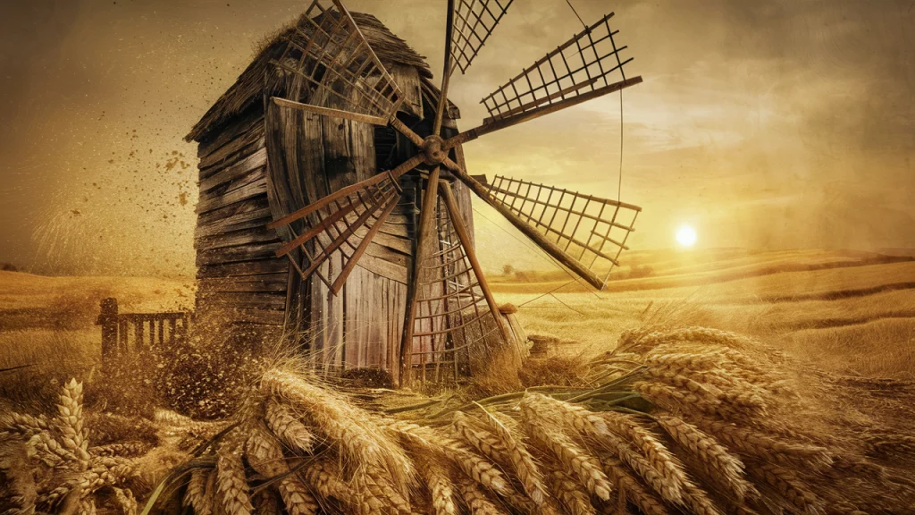 un moulin et du blé qui rappel le bon vieux temps