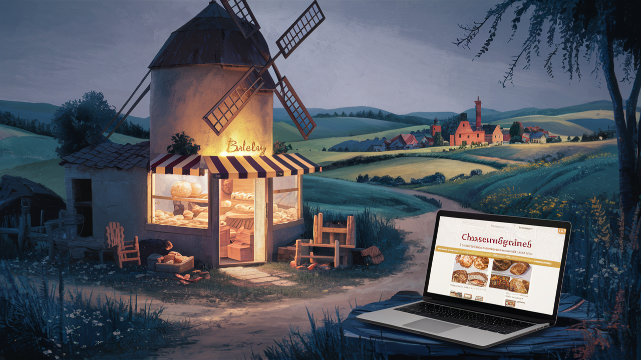 une boulangerie dans un moulin avec un pc qui montre le siteweb "ChasseursDeGraines.fr"