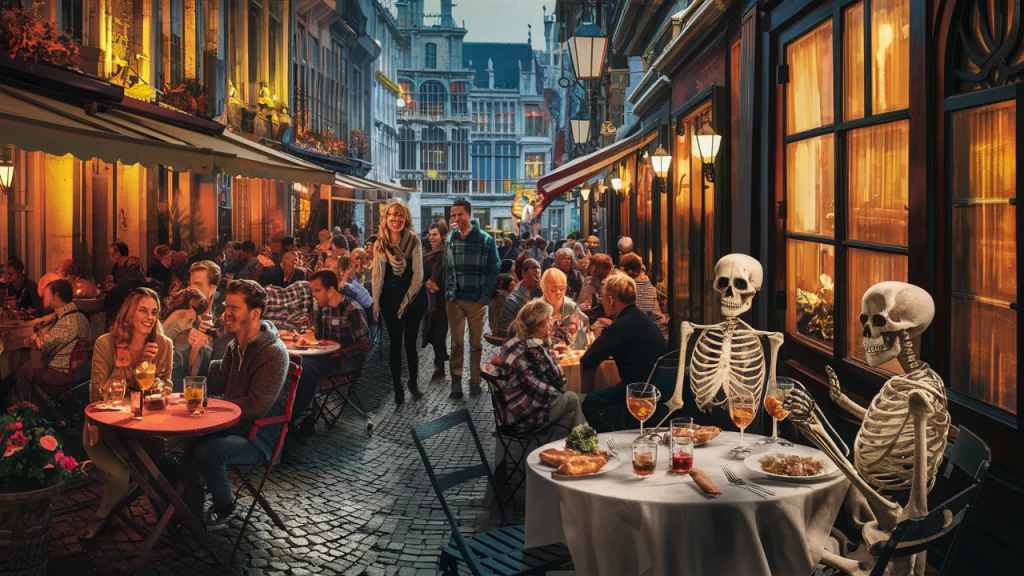 rue de Bruxelles avec des restaurant et 2 squelettes qui mangent