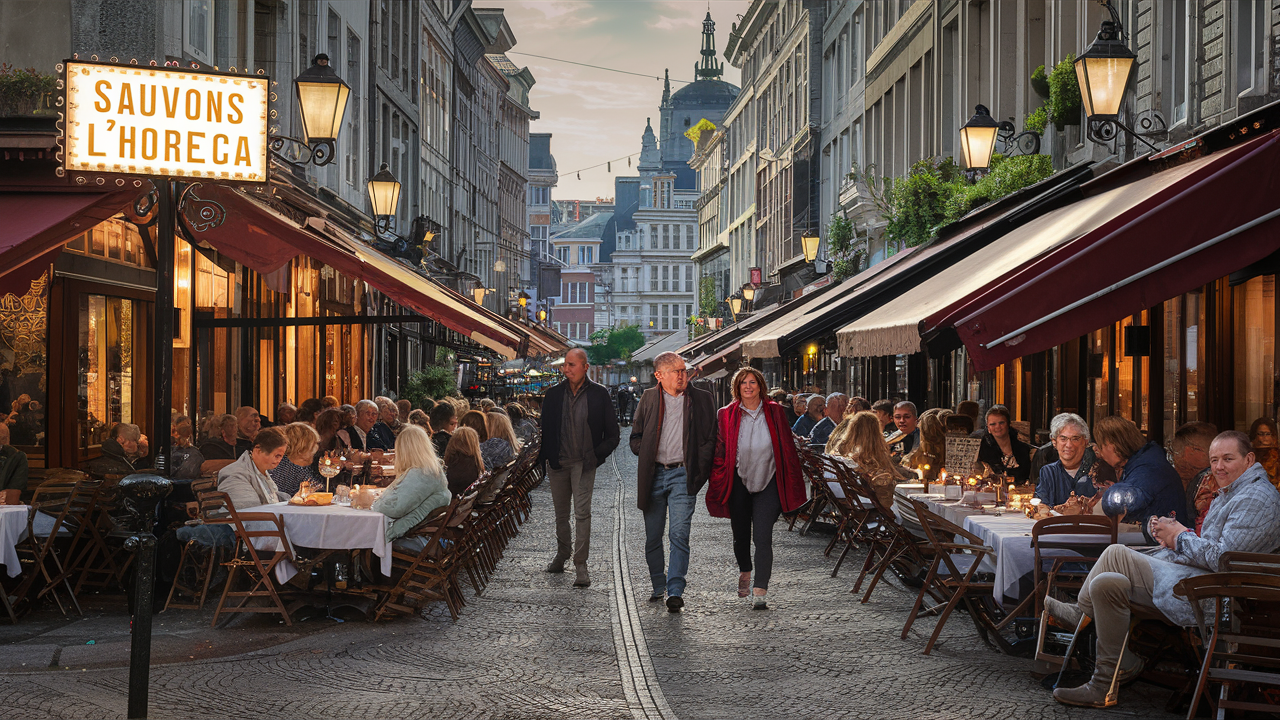 rue avec des restaurant de Bruxelles et un panneau "Sauvons Bruxelles"