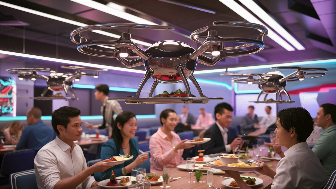 restaurant horeca avec des drone volant comme serveur