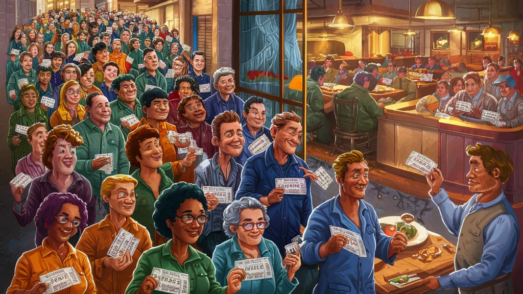 un foule de travailleur qui vont au restaurant avec un ticket